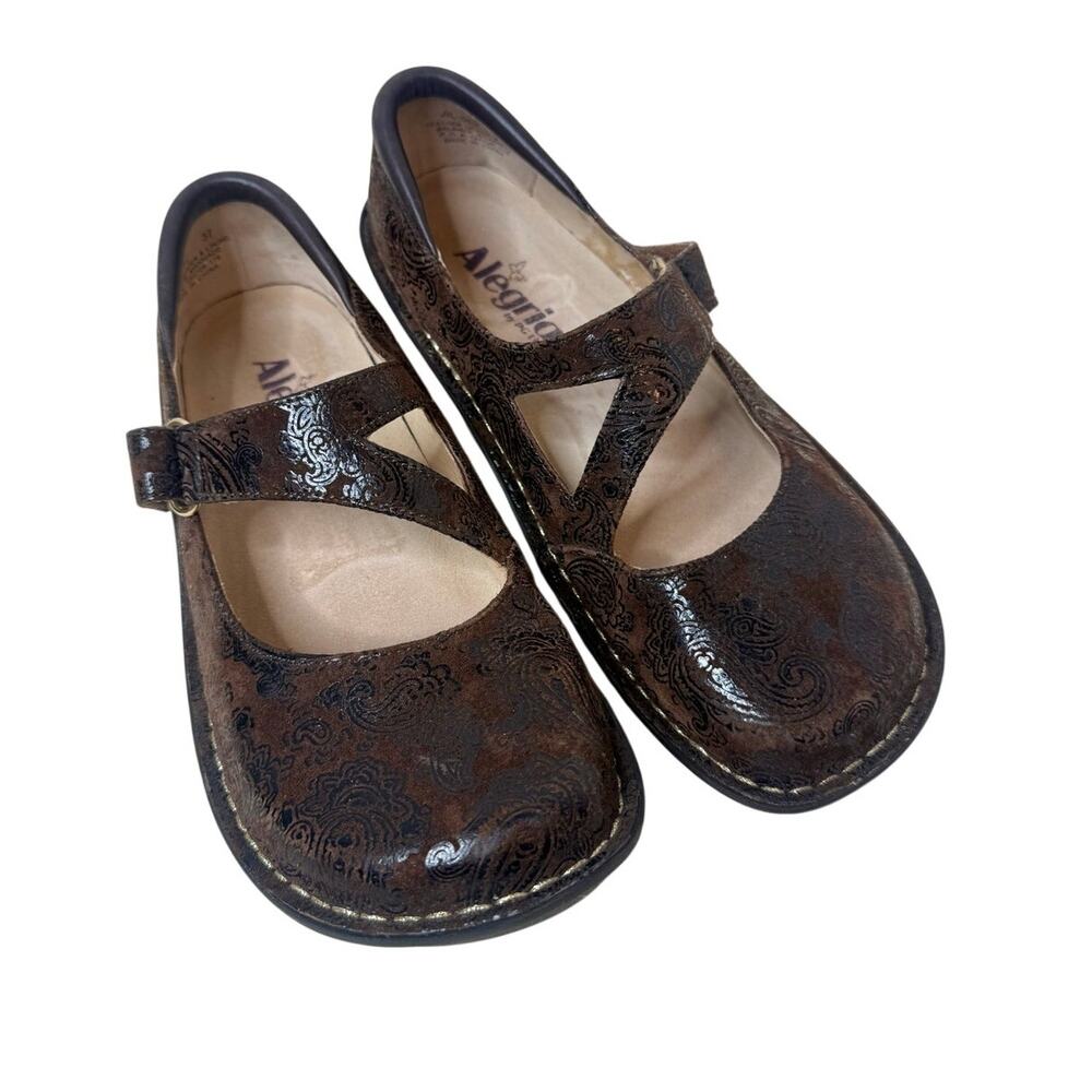ALEGRIA Women's 37 7 JILL 562 Mary Jane Flat Comfort Leather Shoe Brown Paisley